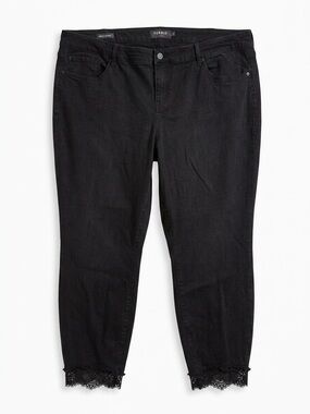 Torrid Ankle Skinny Jeans Black Distressed Lace Hem Stretch Denim Size 28T